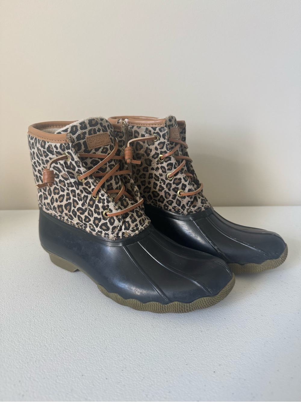 Sperry girls Leopard Print Waterproof Duck Boots with Tan Trim